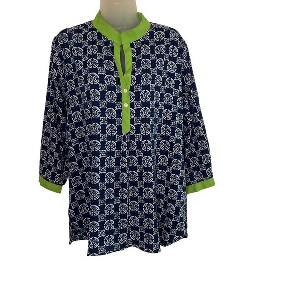 Rock Flower Paper Womens Tunic Top L Blue/White Floral Pattern Green Trim boho - Picture 1 of 7